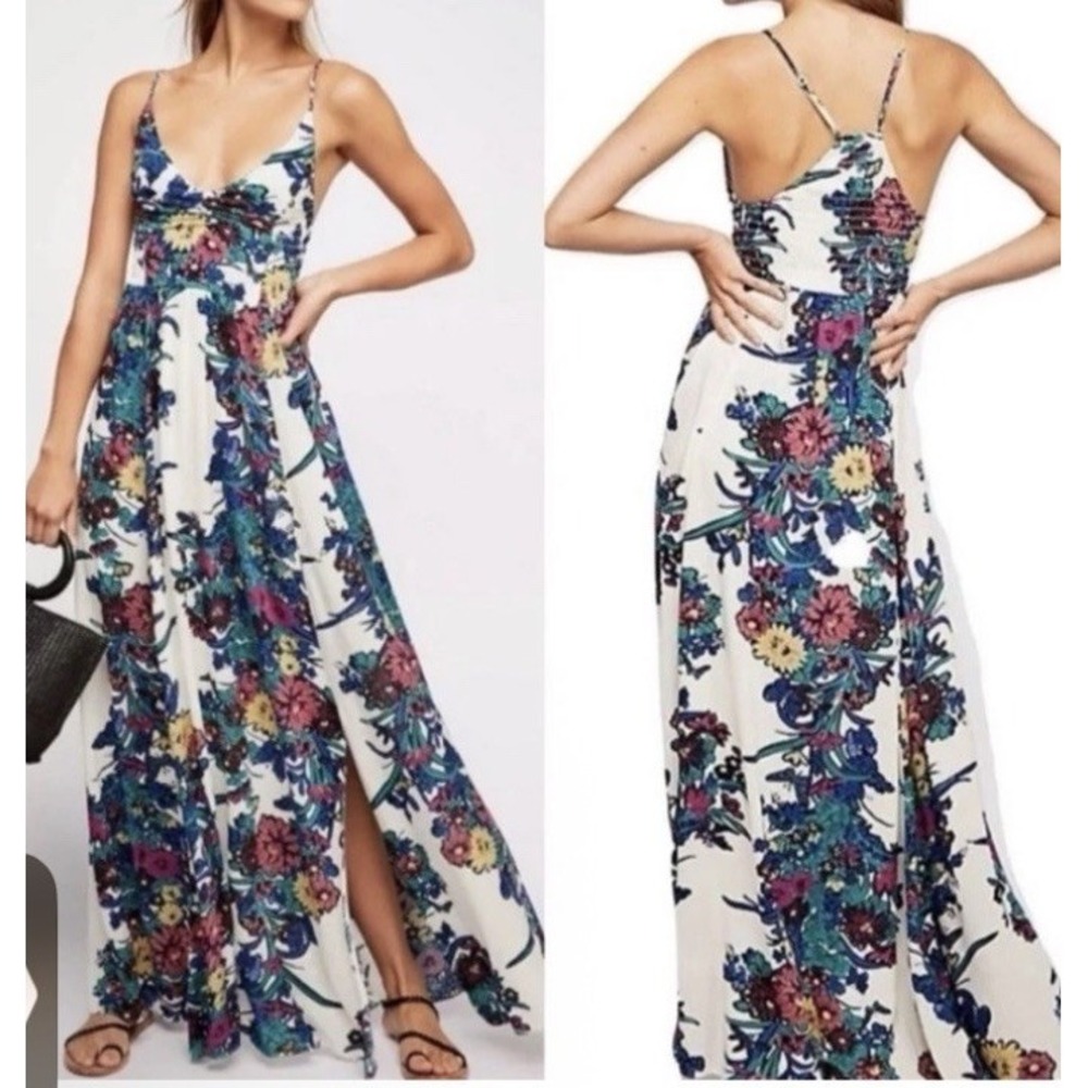 Free People Women's Through the Vine Maxi Dress Floral Boho Ivory/Blue/Purple XS